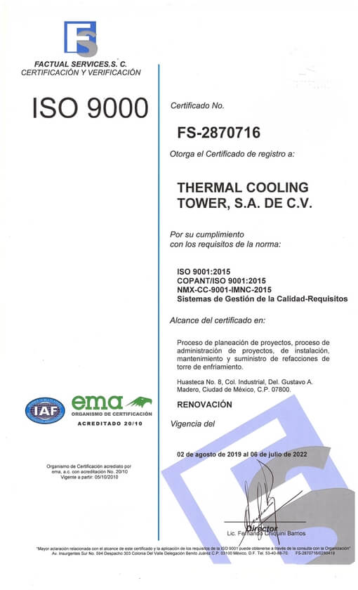Certificado de Política de Gestión de Calidad de Thermal Cooling Tower