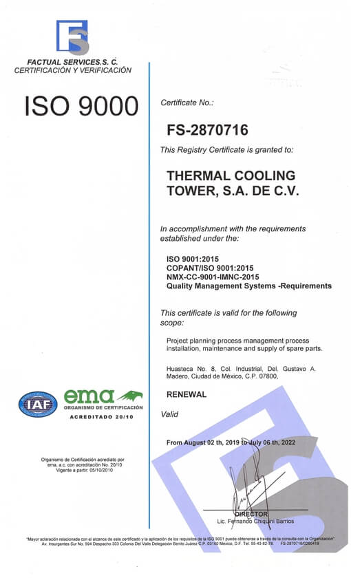 Thermal
Cooling Tower's Quality Management Certificate
